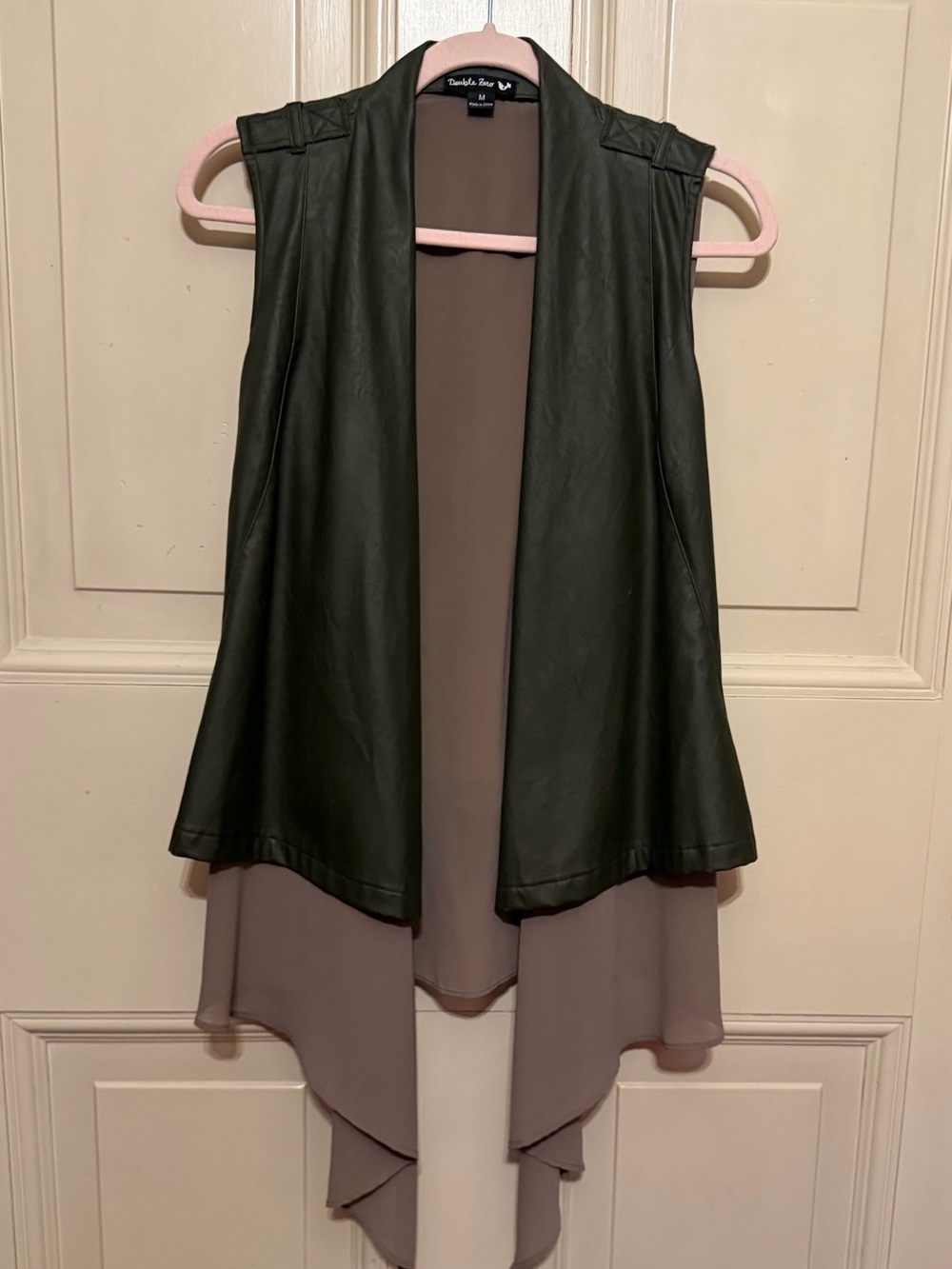 Double Zero Olive Green Faux Leather & Taupe Chiffon Drape Vest